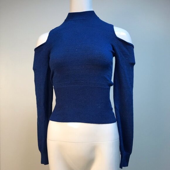 Bebe Royal Blue Sparkle Cold Shoulder Long Sleeve Top Medium - Picture 2 of 7